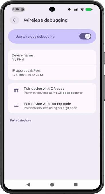 Android Wireless debugging settings showing the switch and Pair device with pairing code