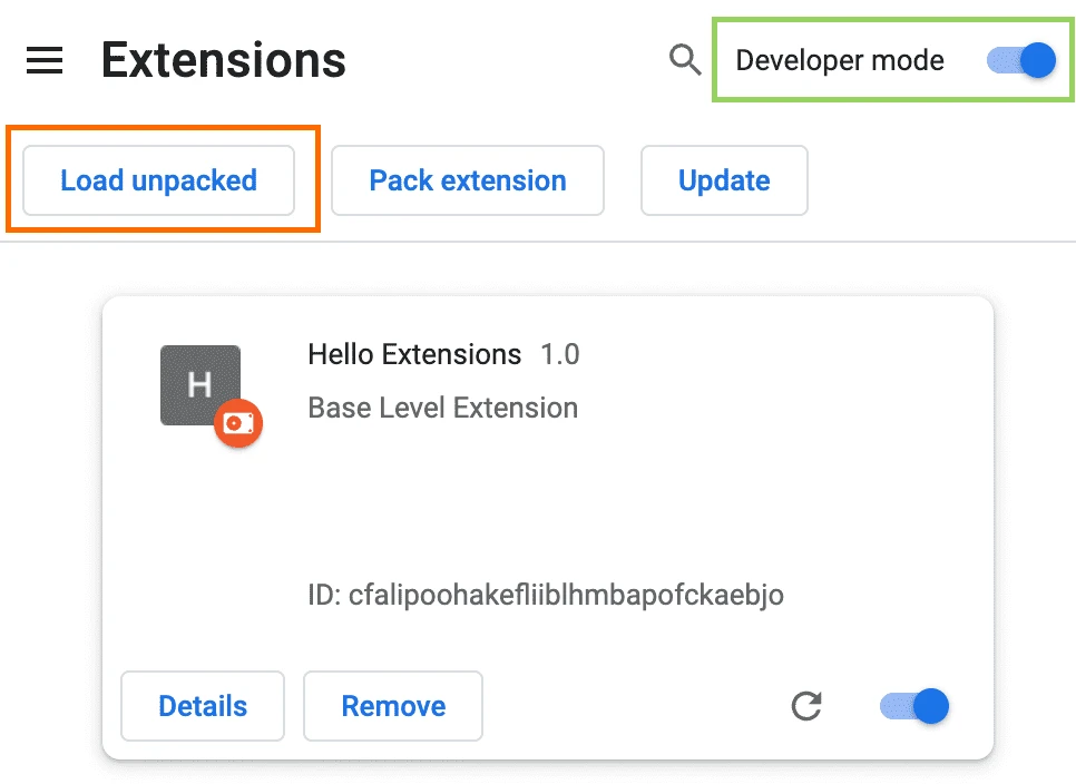 Official Chrome example showing Developer mode and Load unpacked on the extensions page