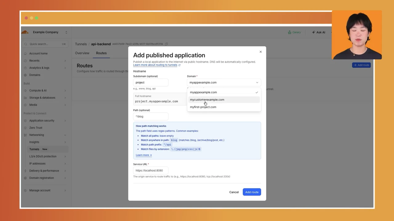 Cloudflare published application dialog with hostname and Service URL fields