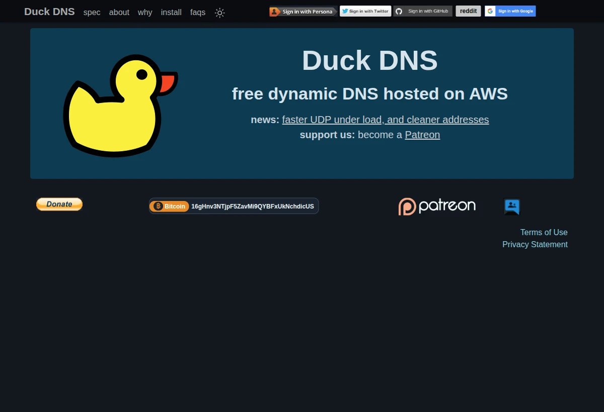 DuckDNS public page with sign-in choices along the top