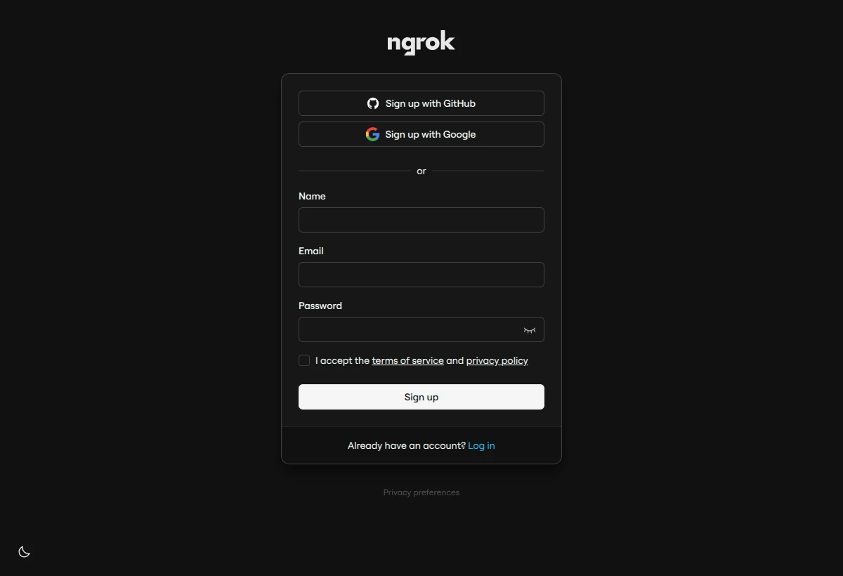 Signed-out ngrok account page with sign-up options and a Log in link