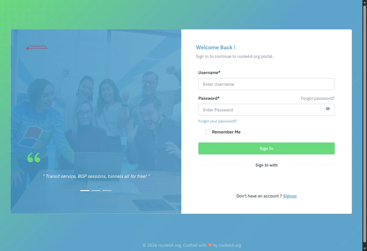 Route64 portal sign-in page with its Signup link